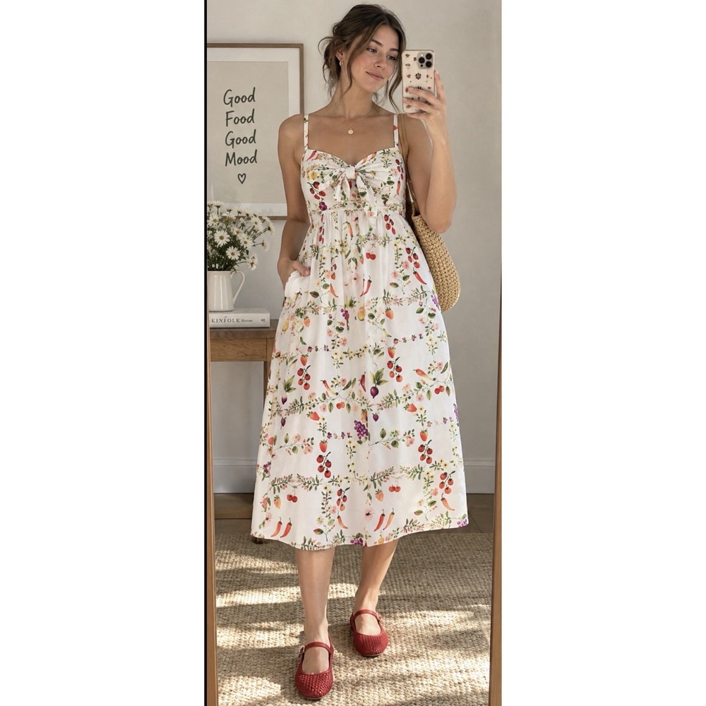 Old Navy Fruit Vegetable Print Midi Dress M White Tie Front Cottagecore Garden